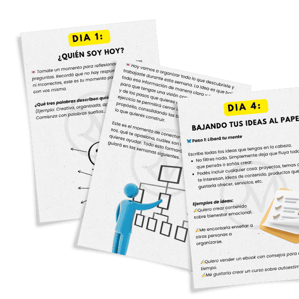 Páginas del Reto Impacto: Día 1 ¿Quién soy hoy? y Día 4 Bajando tus ideas al papel